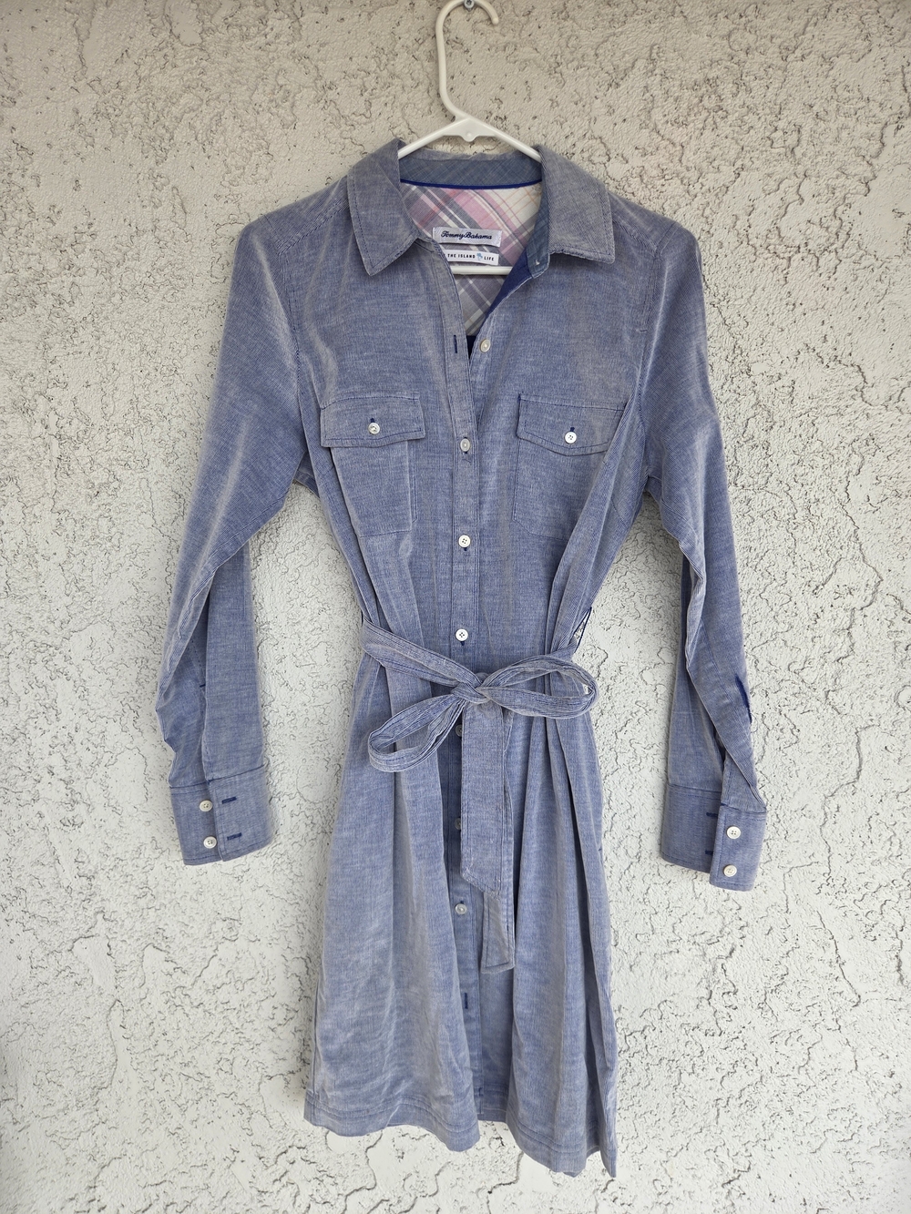 Tommy Bahama Dusty Blue Button-Front Long Sleeve Shirt Dress with Tie